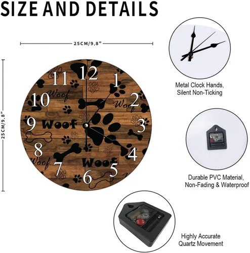 Vista 2 de Reloj de pared digital de 10 x 10 pulgadas, huellas de perro rústico, madera de granero antiguo, silencioso, sin tictac, funciona