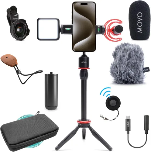 Vista 8 de Movo iVlog1 Kit de Vlogging - Kit de inicio de YouTube compatible con iPhone Lightning, micrófono de escopeta, mini trípode, luz LED, lente gran