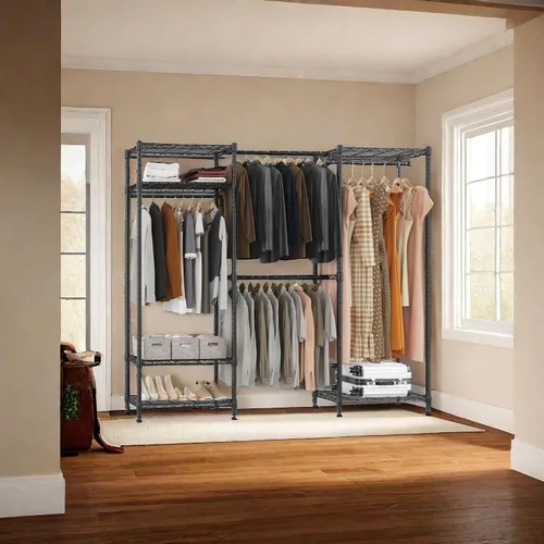 Vista 7 de BATHWA - Perchero de alta resistencia independiente para espacio de 68.9 a 90.2 pulgadas Expandable Clothing Storage, Adjustable 6 Shelves, 4