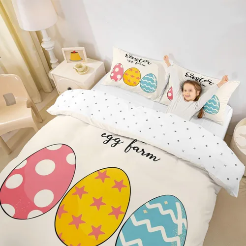 Vista 5 de jejeloiu Juego de ropa de cama de Pascua para niñas y niños, huevos de Pascua, juego de funda de edredón decorativa colorida para el día de Pascua