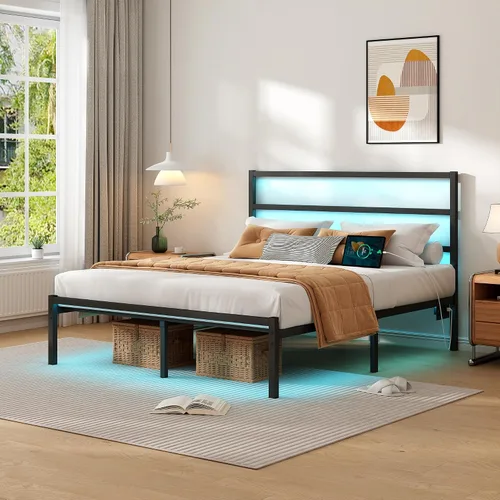 Vista 3 de CLIBFENG - Base de cama Queen con cabecera, listones de acero resistentes de apoyo - Base de cama LED con estación de carga USB, fundamento