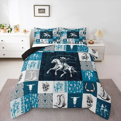 Vista 27 de Juego de edredón de vaquero individual, ropa de cama occidental para niños y hombres, ilustración dibujada a mano de caballo americano salvaje