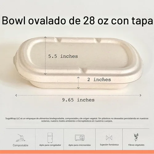 Vista 5 de Recipientes desechables ovalados de 28 onzas con tapas, bambú biodegradable ecológico y caña de azúcar, resistentes y resistentes a fugas, aptos