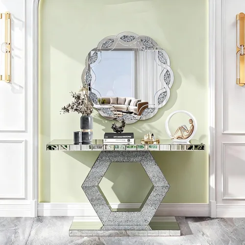 Vista 19 de Mesa Consola Negra con Espejo, Mesa de Sofá de Cristal Rectangular de 48 pulgadas con Elementos Tallados Vintage con Espejo, Muebles de Espejo