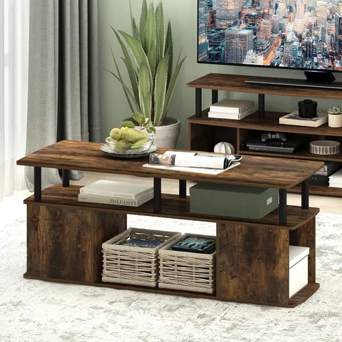 Vista 4 de Furinno Jaya - Mesa auxiliar rectangular moderna con estante abierto, mesa auxiliar con almacenamiento lateral, para sala de estar, dormitorio, Pino