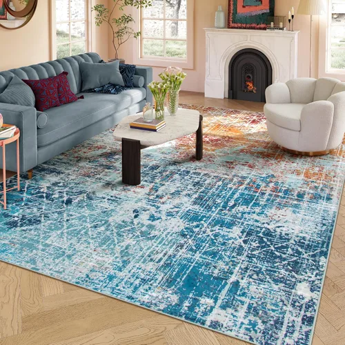 Vista 14 de Zealude Alfombra abstracta lavable para sala de estar, de 5 x 7 pies, color verde azulado y naranja, alfombra bohemia antideslizante, moderna