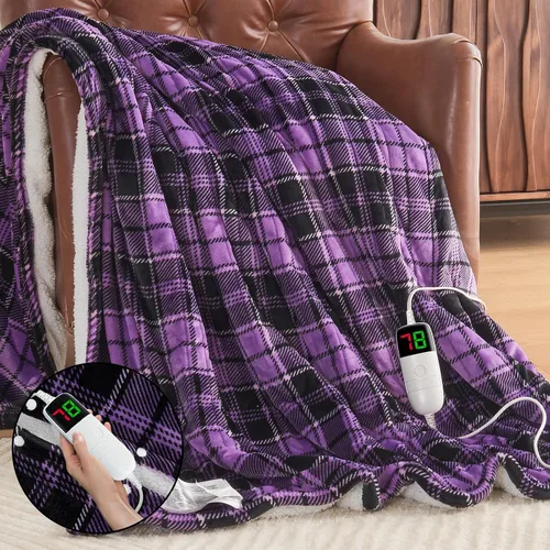 Vista 10 de Manta térmica negra eléctrica, manta térmica de 50 x 60 pulgadas con 10 niveles de calor y 8 horas de apagado automático, manta de sherpa suave a