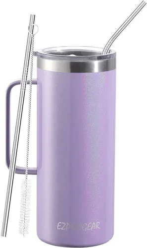 Vista 2 de Ezprogear Taza de café de acero inoxidable de 32 onzas, vaso de doble pared aislado al vacío con asa, tapa y pajitas (32 onzas, violeta brillante)