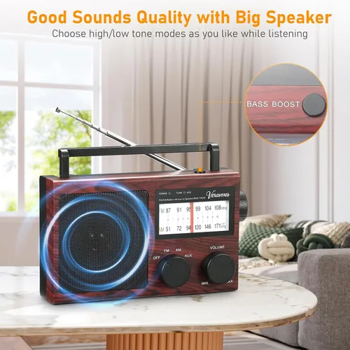 Vista 6 de Radio AM/FM portátil con control de graves, equipada con un altavoz de alta potencia integrado, conector para auriculares y entrada de audio AUX