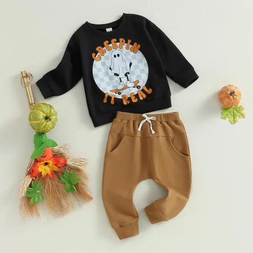 Vista 2 de LZCYILANXIULSL Conjunto de Halloween para bebé niño y niño, sudadera de manga larga con diseño de fantasmacalabaza + pantalones de tablero