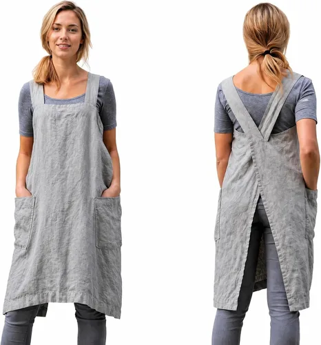 Vista 9 de Delantal Pinafore con espalda cruzada con bolsillos, delantal de lino y algodón, talla grande Negro