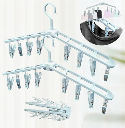 Vista 10 de Perchas plegables de viaje para ropa con clips, estantes de secado de ropa, calcetines de lencería de plástico antideslizante para faldas, perchas