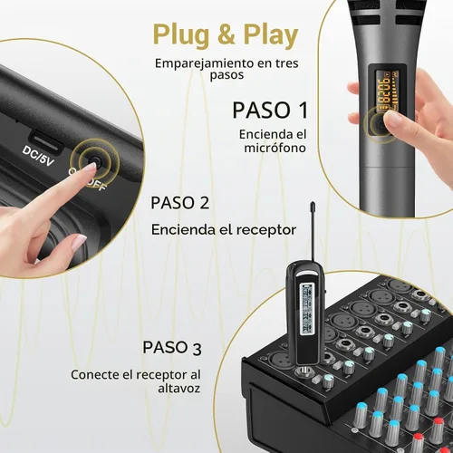Vista 5 de TONOR 4 micrófonos inalámbricos con receptor recargable, micrófonos inalámbricos UHF de 4 x 10 canales con control de volumen, sistema de micrófono