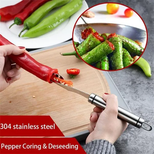 Vista 3 de Removedor de semillas de pimienta con paño de limpieza, removedor de semillas de frutas de acero inoxidable 304 con dientes dentados, herramienta