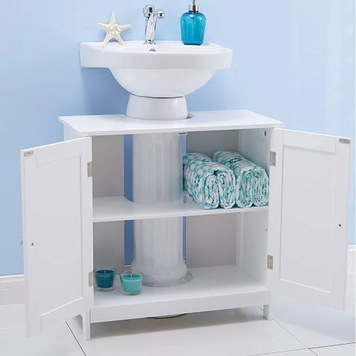Vista 3 de Armario de tocador para baño debajo del fregadero, gabinete de almacenamiento con pedestal independiente con 2 puertas y estantes, moderno