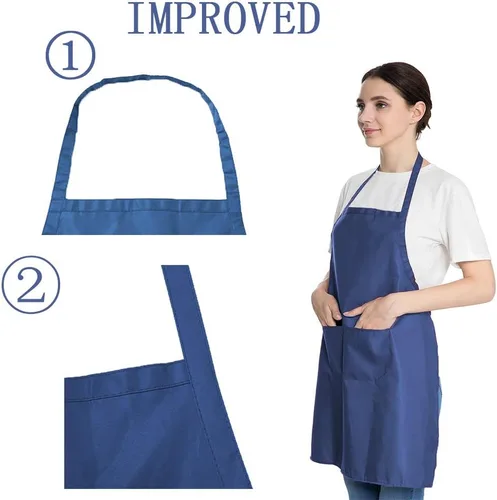 Vista 2 de Delantales azules a granel para mujeres y niñas con 2 bolsillos, delantales de cocina de restaurante de chef, delantales lisos, para artistas
