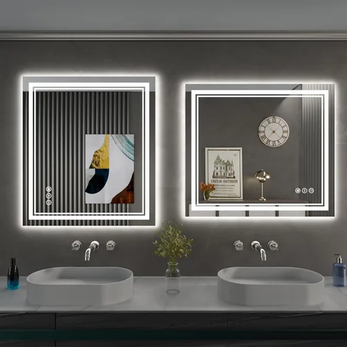 Vista 7 de Espejo de baño LED de 24 x 28 pulgadas, luz frontal y retroiluminada, antiniebla, regulable, espejo de tocador iluminado con memoria, espejo LED