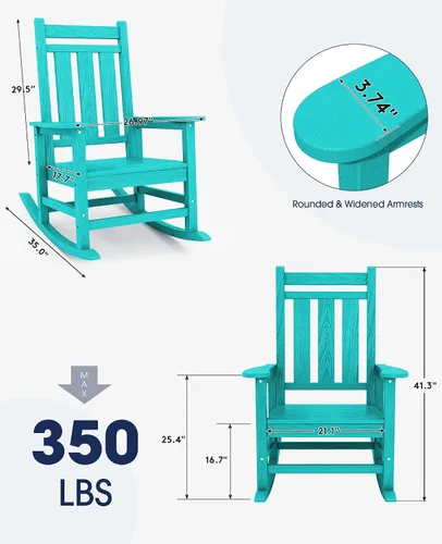Vista 3 de Mecedora de exterior KINGYES, Mecedoras de patio para todo clima para porche, Sillas mecedoras de exterior de HDPE con respaldo alto para adultos