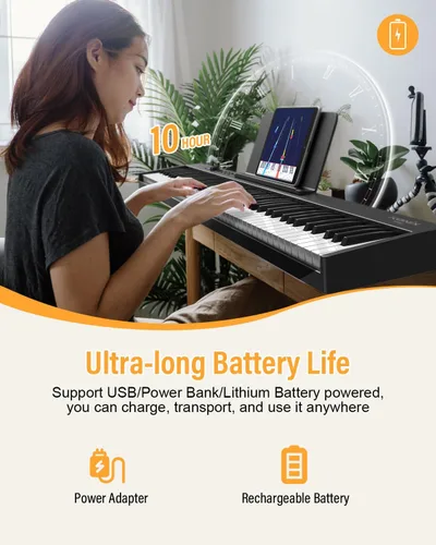 Vista 5 de KONIX Teclado de piano plegable, 88 teclas, tamaño completo, teclado plegable semiponderado, teclado electrónico portátil Bluetooth con soporte