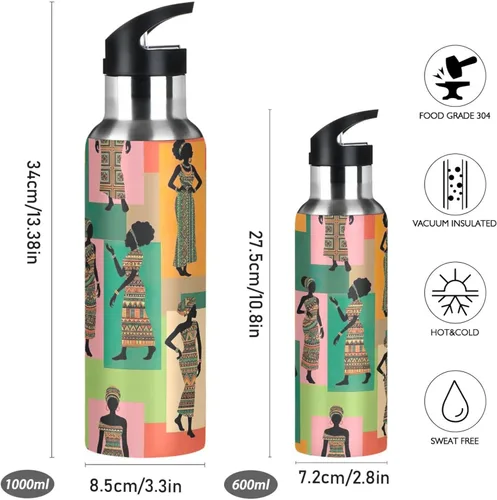 Vista 2 de Stainless Steel Water Bottle 32 Oz, Leakproof Water Bottles for Gym Outdoor Travel School, Retro Women Colorful