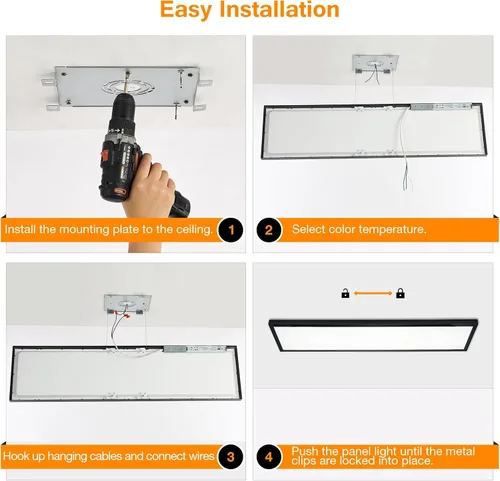 Vista 8 de Lámpara de panel plano LED negra de 1x4 pies, montaje en superficie, 5000K-4000K-3000K seleccionable y regulable Triac, lámpara de techo rectangular