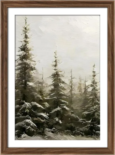 Vista 190 de MUDECOR Lienzo enmarcado prémium para pared, pinos nevados en bosque de invierno, ilustraciones modernas, arte contemporáneo, escénico, divertido