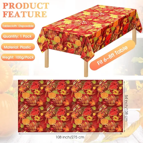 Vista 2 de Tegeme 1 mantel de plástico desechable con hojas de otoño de Acción de Gracias, diseño de hojas de arce, calabaza y arce, mantel de plástico