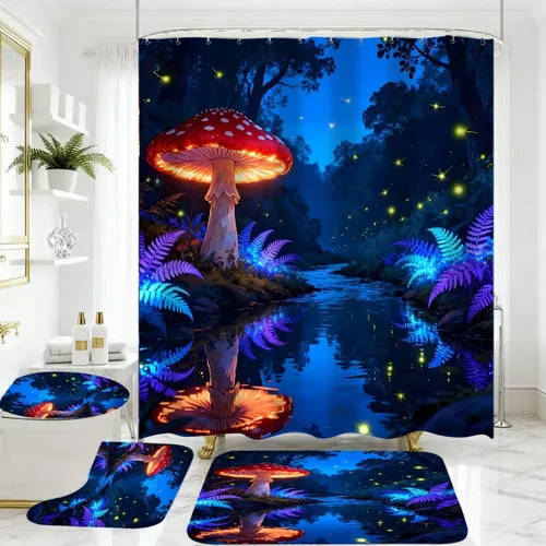 Vista 12 de Juego de 4 cortinas de ducha con diseño de hongos e iluminación