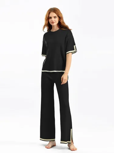 Vista 3 de Hqzoomee Conjunto de 2 piezas de suéter de punto para mujer, suéter de punto de manga corta, pantalones de pierna ancha