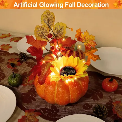 Vista 6 de Temporizador y preiluminado: decoraciones de Acción de Gracias, calabaza, calabaza artificial con hojas de arce, girasol, bayas, 20 luces LED