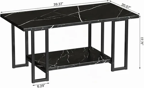 Vista 2 de AWQM Mesa de Centro de Mármol, Mesa de Centro Rectangular con Superficie de Mármol Sintético y Marco de Metal Negro, Mesa de Sala de 2 Niveles