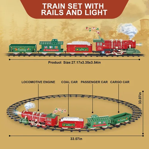 Vista 5 de Juego de tren de Navidad para alrededor del árbol con sonidos, luces y humo, juguetes de tren eléctrico para niños pequeños con 3 autos y 14 pistas