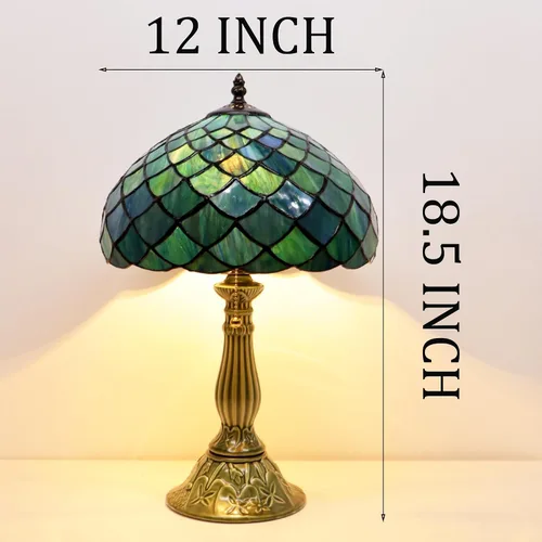 Vista 3 de Tiffany Style Stained Glass Table Lamp 18.5 Inch - Blue Fish Scales 12X12X18.5 Inch, E26 Bulb Base，Pull Chain Switch, Ceramic Base, Bedside