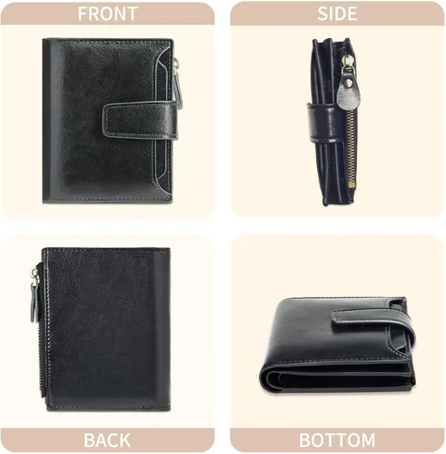 Vista 4 de Cartera pequeña de piel auténtica para mujer, con bloqueo RFID, con ventana de identificación de bolsillo, Negro -, Classic