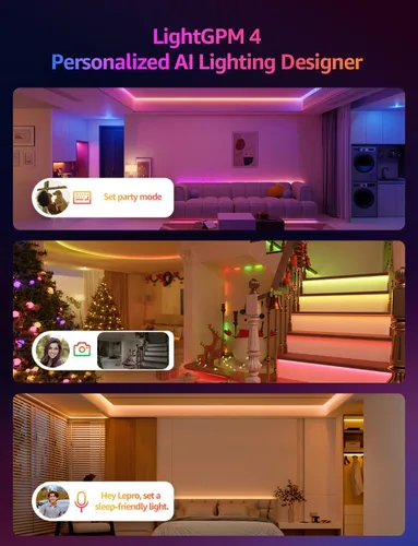 Vista 2 de Lepro Tira de luces LED inteligentes S2 AI – Tiras de luz RGBCW de 16.4 pies con 2700K-5700K blanco cálido sintonizable, segmento de color DIY