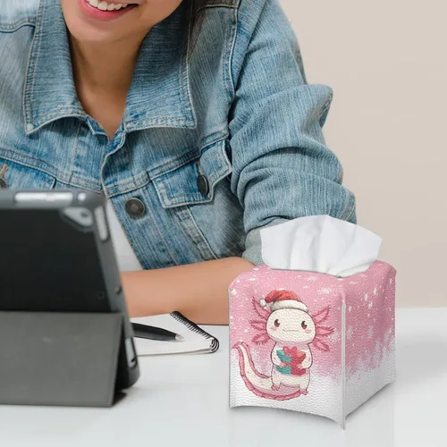 Vista 5 de Lindas decoraciones de ajolote con estampado de animales, caja de pañuelos de cuero, soporte de Navidad, organizador de papel de seda impermeable