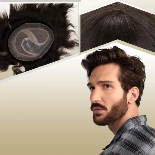 Vista 24 de Toupee para hombres sistemas de reemplazo de cabello humano real europeo para hombres, postizos finos, centro de encaje, piel más gruesa, pieza