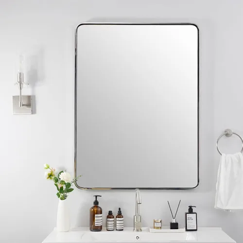 Vista 16 de Espejo de latón para baño, espejo rectangular redondeado de 22x30 pulgadas con marco de metal cepillado dorado, espejo de tocador de baño sin