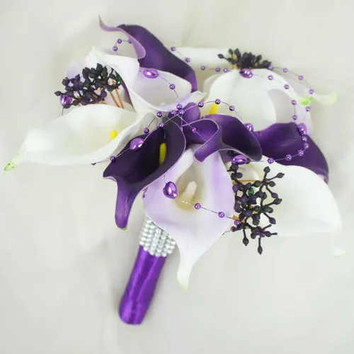 Vista 3 de Lily Garden® Real Touch - Ramo de boda de flores moradas y blancas (juego de 5)