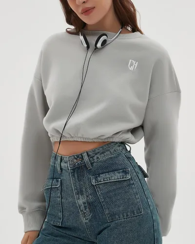 Vista 2 de CHYRII Sudadera corta de gran tamaño para mujer, de forro polar, cuello redondo, manga larga, para otoño e invierno