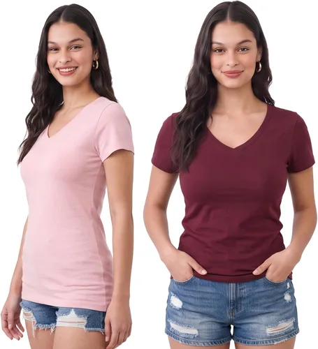 Vista 15 de Emmalise Camiseta de manga corta para mujer, cuello en V, tallas junior y plus