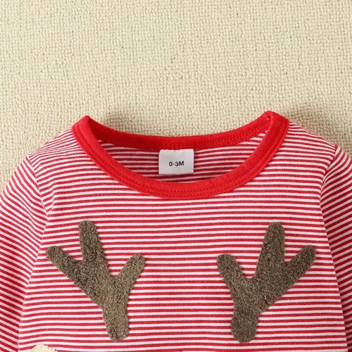 Vista 4 de TBUIALL Mameluco de Navidad de manga larga para niños y niñas, estampado de ciervos a rayas, para otoño