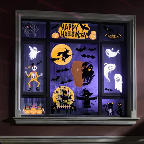 Vista 6 de Decoración de Halloween para decoración de Halloween, 6 hojas de cuervos de doble cara, murciélagos, arañas, fantasmas, calcomanías de vidrio
