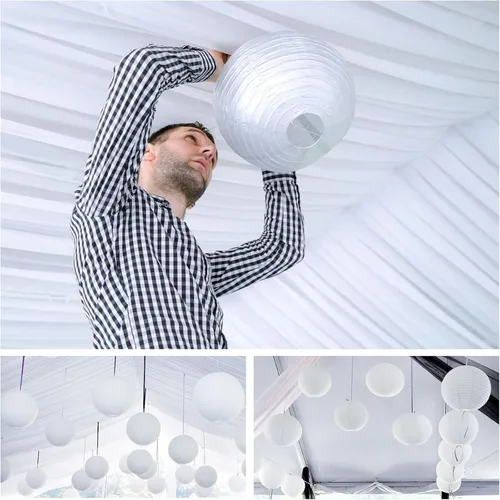 Vista 6 de Juego de 30 linternas de papel blanco, faroles colgantes chinos japoneses redondos de 6 pulgadas para bodas, despedidas de soltera, cumpleaños