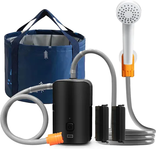 Vista 10 de Ducha portátil para campamento, 4400 mAh, recargable por USB, IPX7, impermeable, bomba de ducha con batería + cubo plegable para campamento Negro