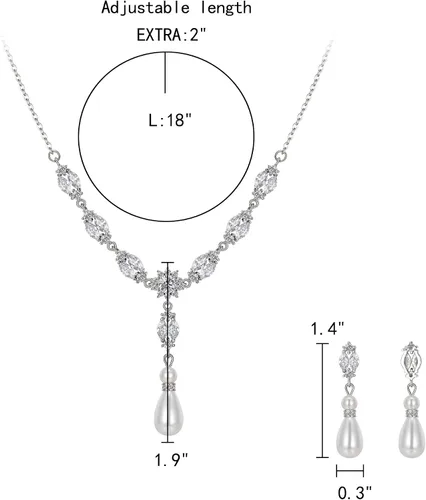 Vista 3 de EleQueen Juego de joyas de boda para mujer, con perlas simuladas, circonia cúbica, collar floral nupcial, aretes y pulsera