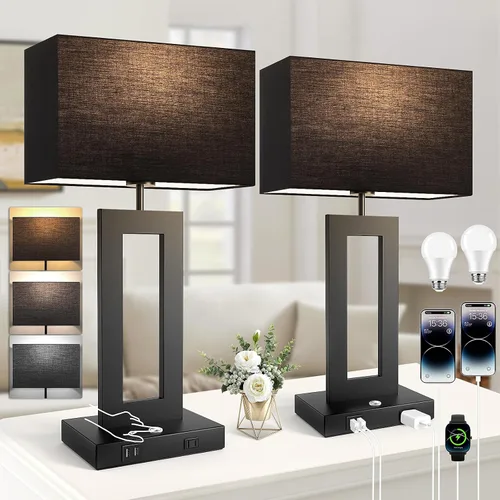Vista 14 de Kondras Juego de 2 lámparas de mesa para dormitorios, 3 temperaturas de color, control táctil, lámparas de noche con 2 puertos USB y salida de CA