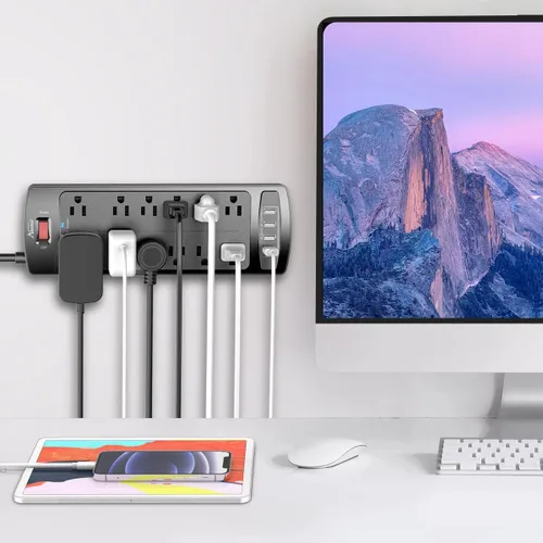 Vista 3 de ALESTOR - Regleta de enchufes con protector contra sobretensiones, 12 tomas de corriente y 4 puertos USB, cable de extensión de 6 pies