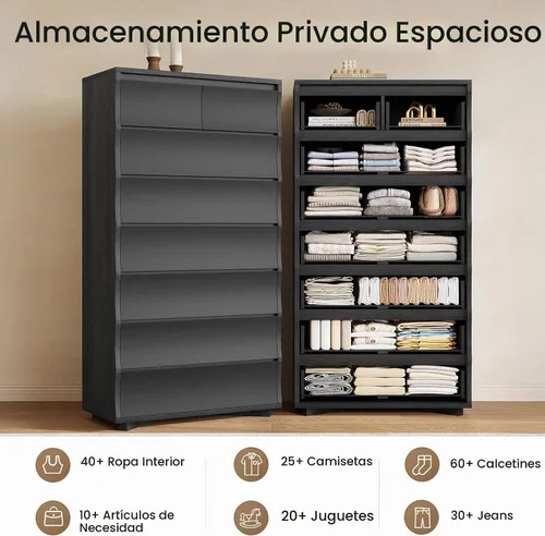 Vista 5 de Cómoda alta negra para dormitorio, cómoda de 61.1" de alto con 8 cajones, cómodas de madera y cómodas con cajones, organizadores de cajones Negro