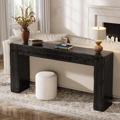 Vista 4 de Mesa Consola de Madera Maciza, Mesa de Sofá Estilo Granja de 63 Pulgadas Detrás del Sofá para Entrada, Sala de Estar, Vestíbulo, Fácil Montaje Negro